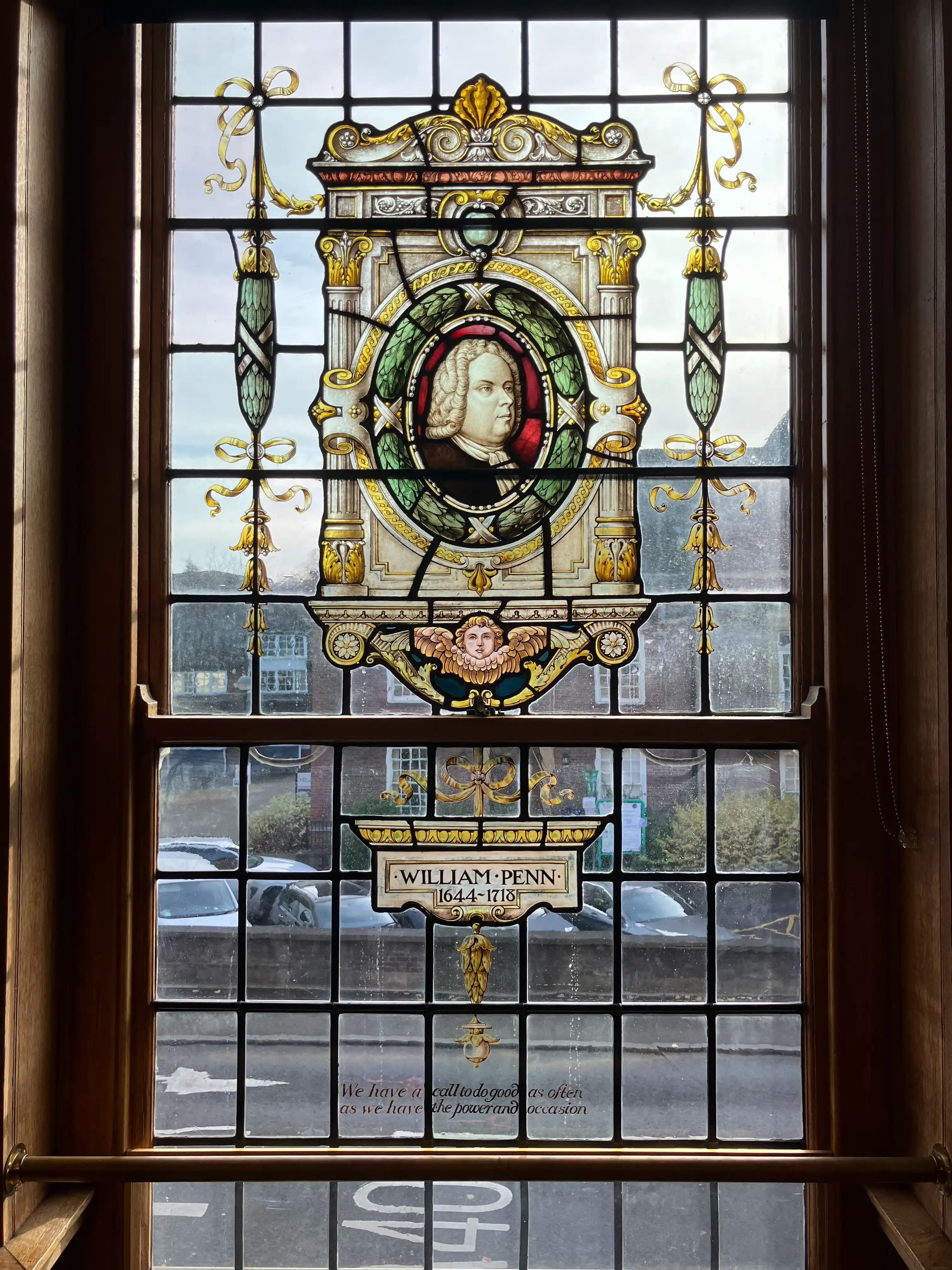 Stained glass window remembering William Penn in the Oak Room of High Wycombe Town Hall.