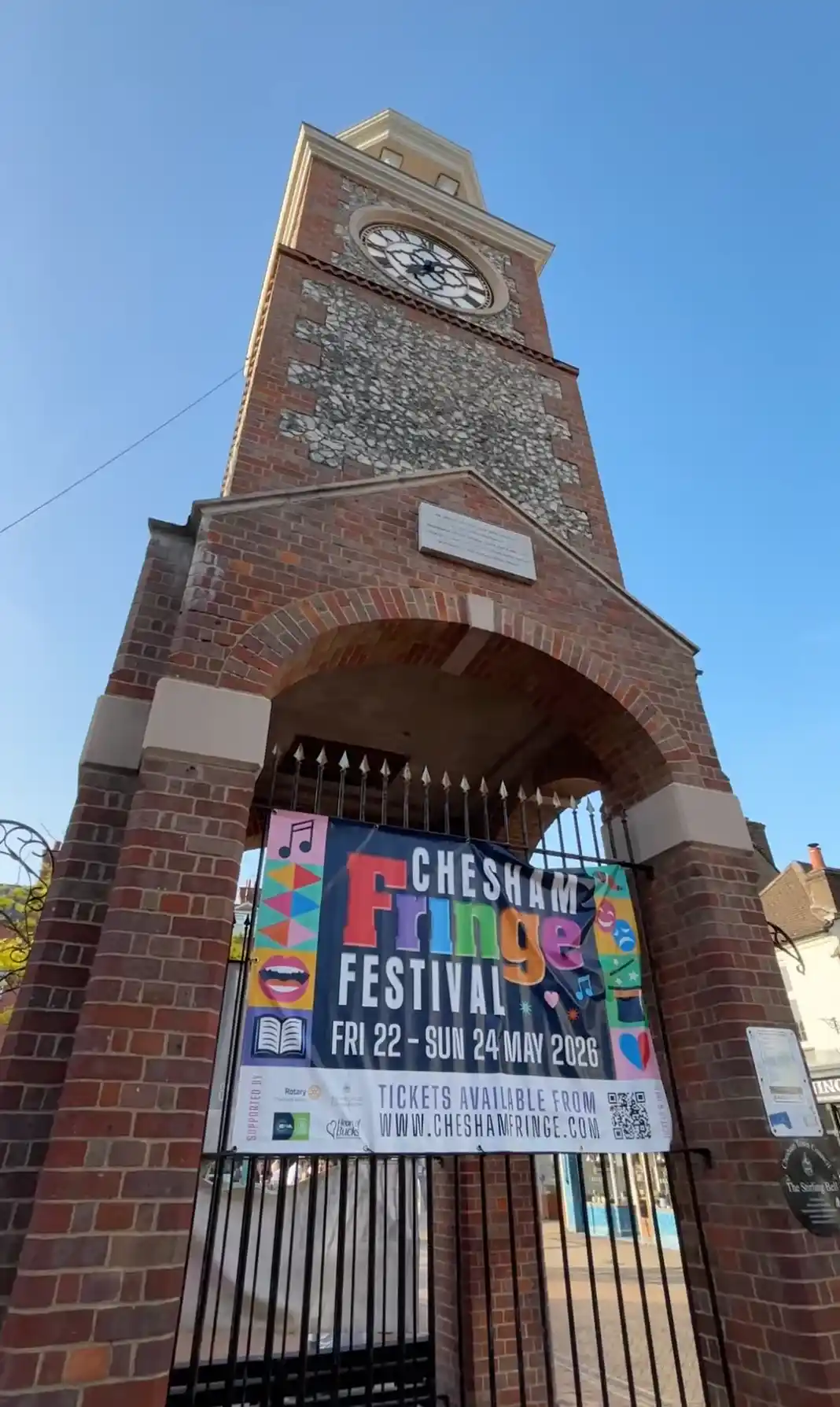 The poster of Chesham Fringe on the clocktower