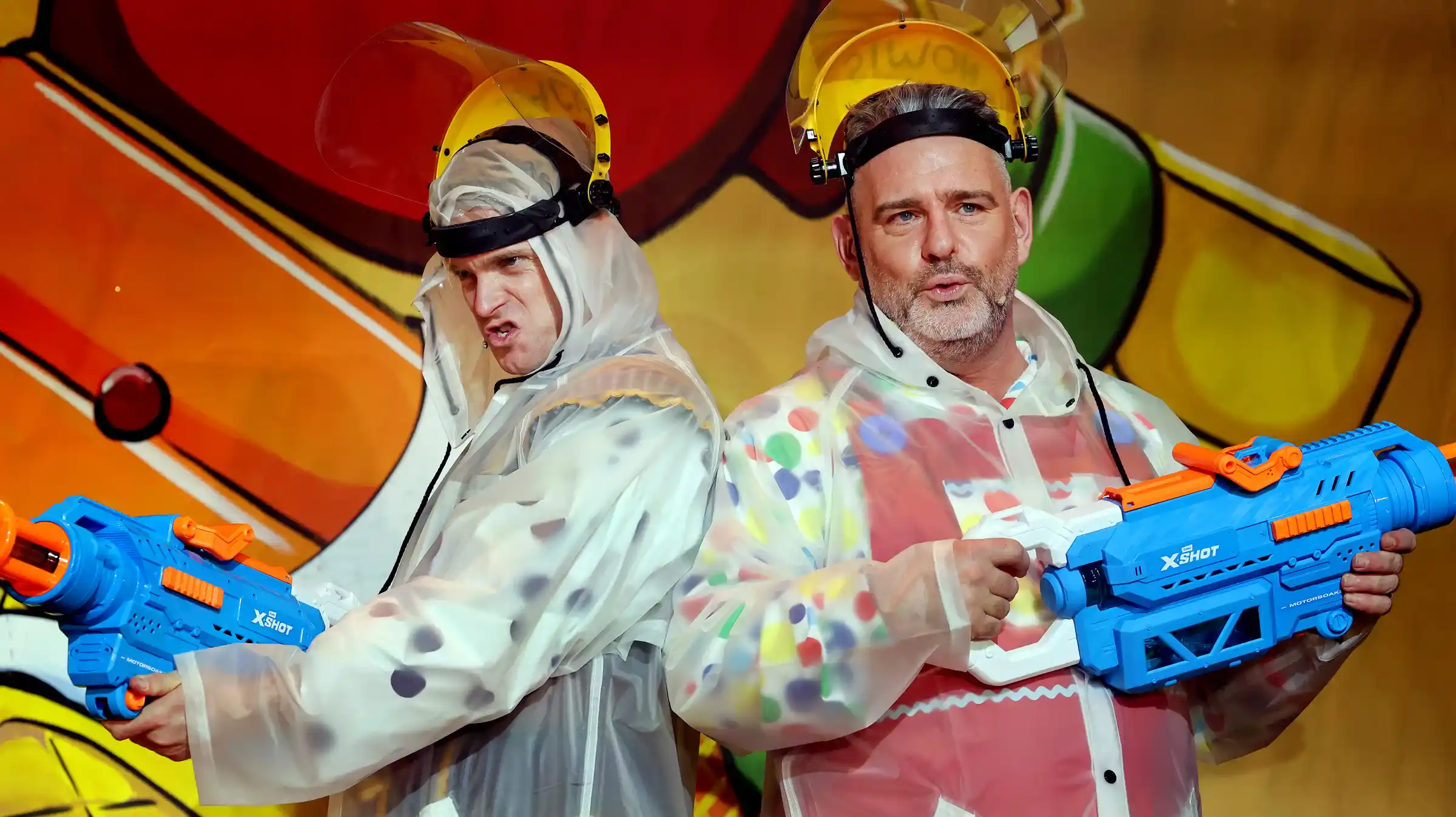 Joe Sleight and Andy Collins preparing for a water fight